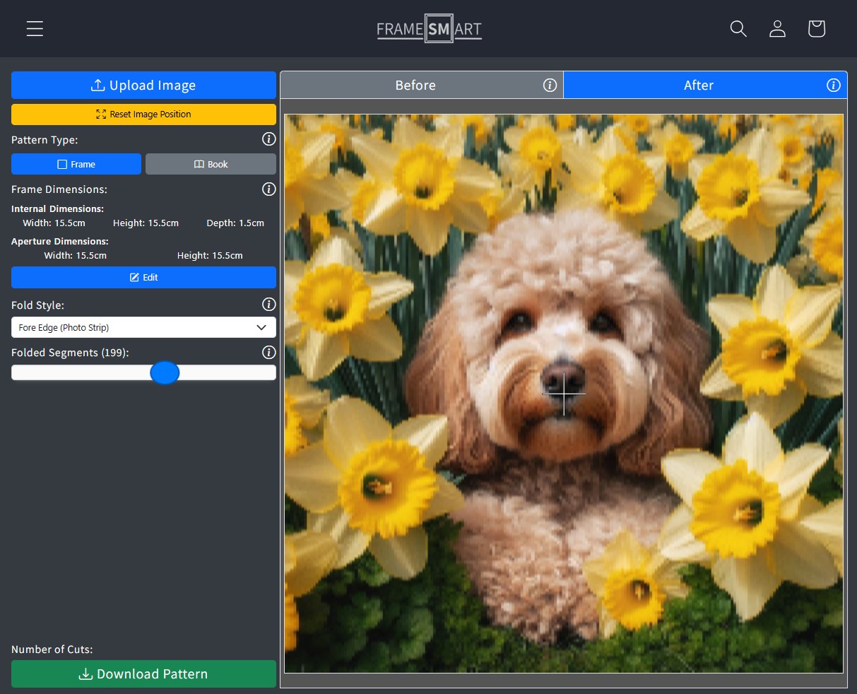 Framesmart software showing the dog with daffodils image converted into a fore-edge frame pattern image