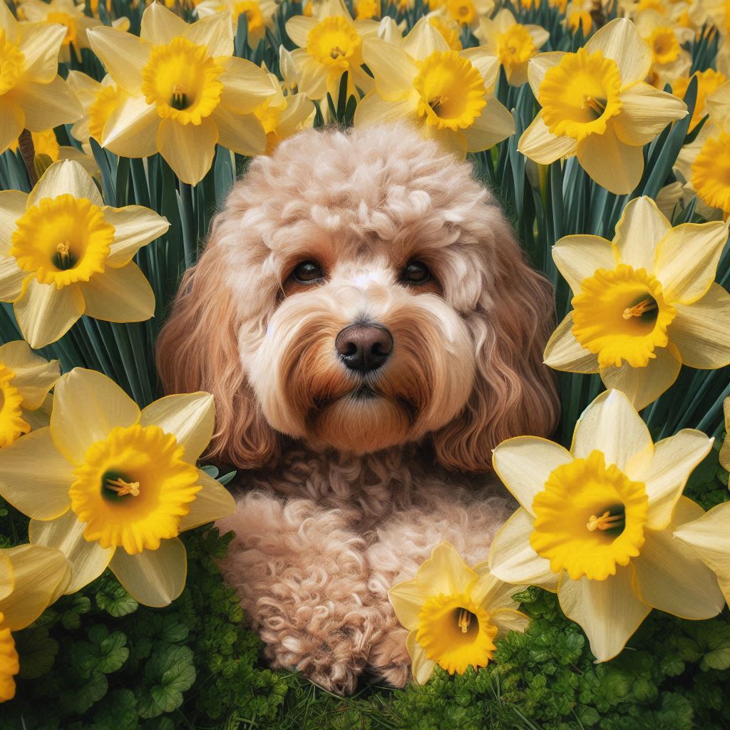 Source photo of a dog with daffodils for creating a fore-edge folded paper frame in Framesmart