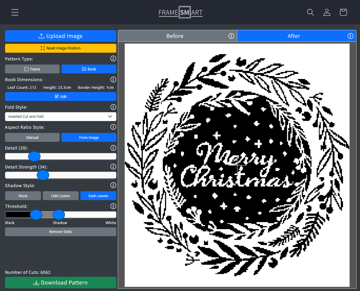 Framesmart software showing the Merry Christmas Wreath image converted into a pattern image for a cut and fold book pattern