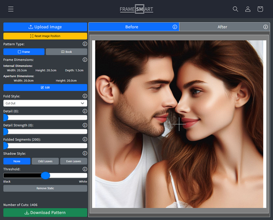 Framesmart Pattern Maker interface with a couple's photo and customization options.