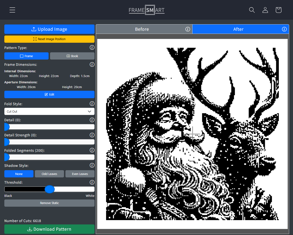 Framesmart software showing the Santa and reindeer image converted into a pattern image for a framed folded paper pattern