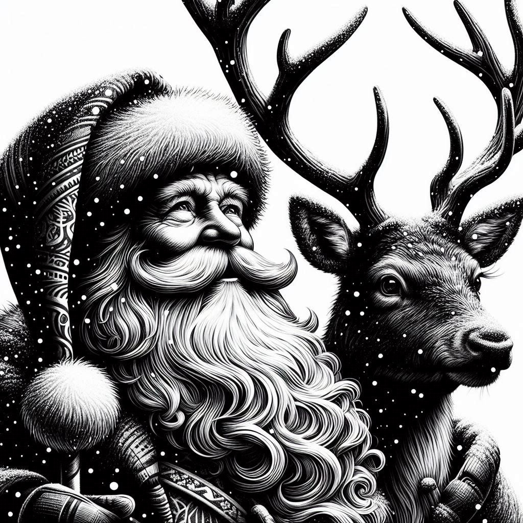 Source image of a Santa and reindeer used to create a framed folded paper pattern in Framesmart