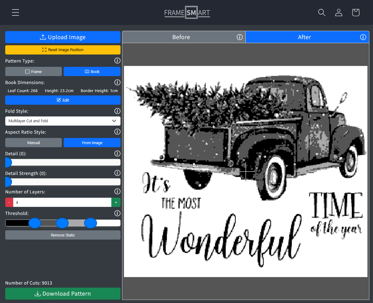 Framesmart software showing the truck and Christmas tree image converted into a multi-layer book folding pattern image